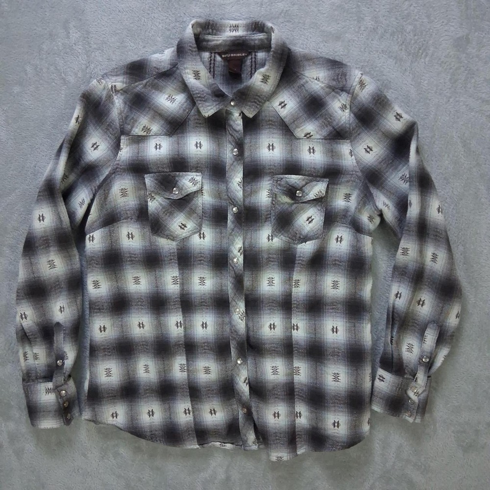 Bit & Bridle Womens Gray Plaid Pearl Snap Western Shirt Medium Long Sleeve